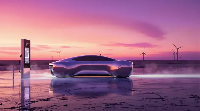 Futurystyczna Tesla przy ładowarce na tle zachodu słońca. Zastanawiasz się, ile kosztuje ładowanie Tesli w domu?