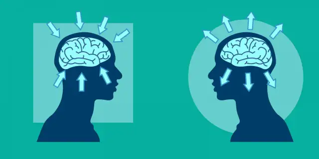 Dwa profile ludzkie z mózgami. Po lewej strzałki wchodzą do głowy, po prawej wychodzą. Czy to mózg psychopaty?