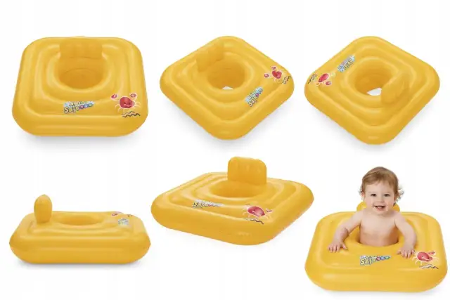 Żółte kółko do pływania dla niemowląt z daszkiem i zabawnymi krabikami. Bezpieczne i wygodne dla malucha podczas wodnych zabaw.