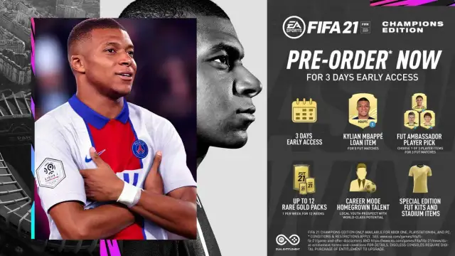 Kylian Mbappé w koszulce PSG na plakacie FIFA 21. Dowiedz się, ile kosztuje FIFA 21 i jakie bonusy oferuje edycja mistrzowska.
