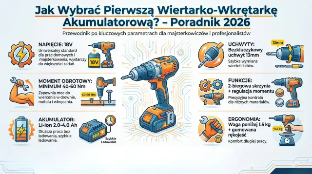 Ilustracja przedstawia wiertarko-wkrętarkę akumulatorową z ikonami opisującymi jej parametry: napięcie, moment obrotowy, akumulator, uchwyt, funkcje i ergonomię.