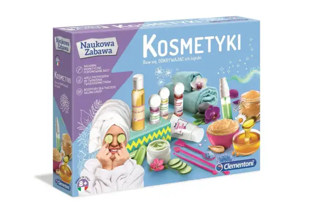 Zestaw Clementoni Naukowa Zabawa Kosmetyki: składniki, przyrządy i przepisy na własne kosmetyki.