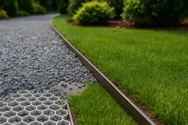 Kruszywo na podjeździe obok zielonej trawy, oddzielone metalową krawędzią.
