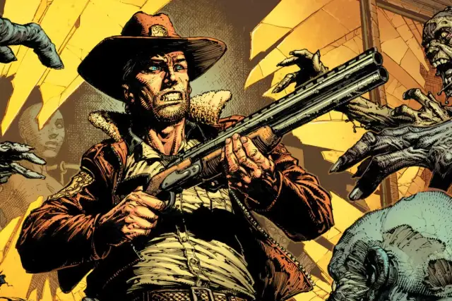 Rick Grimes z strzelbą otoczony przez zombie.