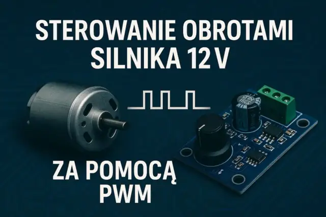 Silnik 12V i moduł z potencjometrem – regulator prędkości do sterowania obrotami silnika za pomocą PWM.