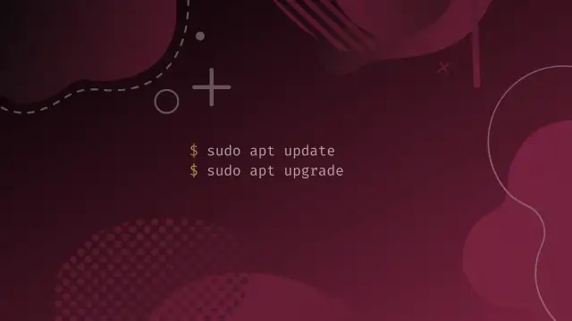 Abstrakcyjne tło w odcieniach burgundu z komendami terminala: `sudo apt update` i `sudo apt upgrade`.