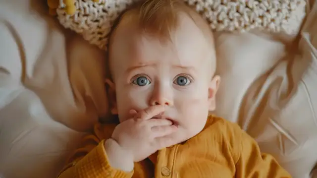Maluch z niebieskimi oczami wkłada rączkę do buzi, być może przez ząbkowanie. Jak pomóc dziecku w tym trudnym okresie?