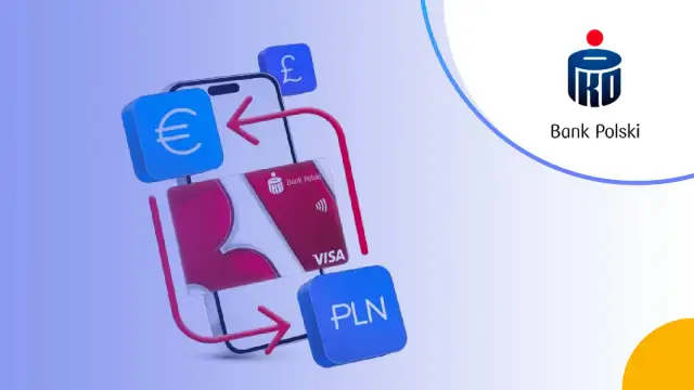 Jak wypłacić pieniądze z konta walutowego PKO? Grafika pokazuje telefon, kartę PKO Visa, symbole euro, funta i PLN, sugerując łatwe transakcje walutowe.
