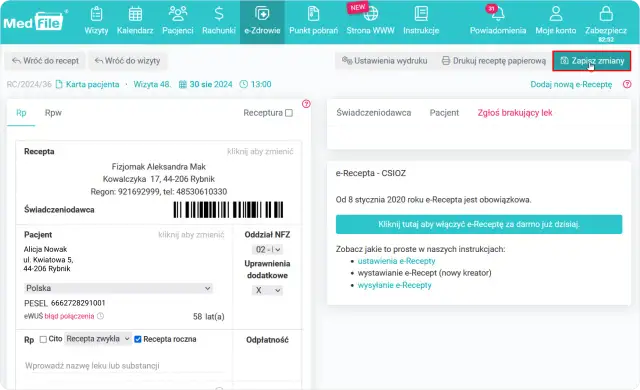 Ekran aplikacji MedFile z widokiem e-recepty, danymi pacjenta i świadczeniodawcy.