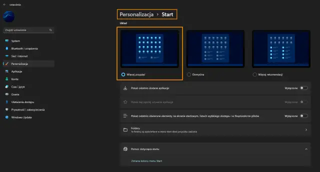 Ustawienia personalizacji menu Start w Windows 11. Można tu zarządzać układem, ostatnio dodanymi i najczęściej używanymi aplikacjami, a także folderami.
