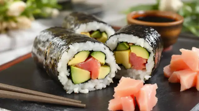 Z czym zrobić sushi wegetariańskie? Rolki z awokado, mango i tofu, podane z imbirem i sosem sojowym.