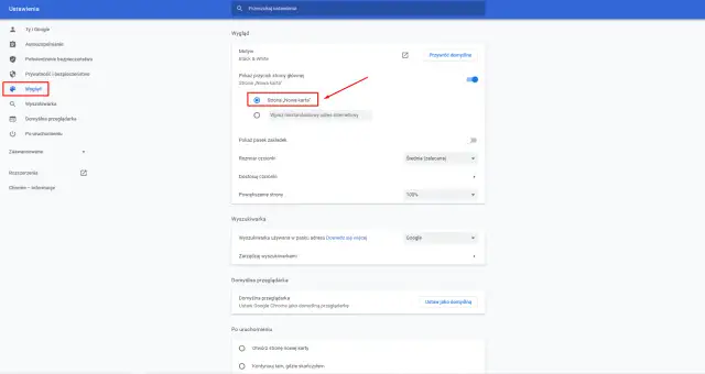Ustawienia Chrome: Wygląd. Pokazuje, jak ustawić stronę startową w Chrome, wybierając "Strona „Nowa karta”".
