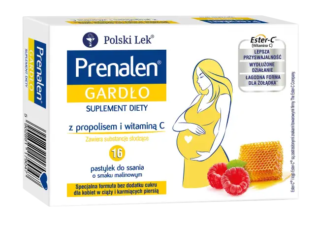 Opakowanie Prenalen Gardło z wizerunkiem kobiety w ciąży, malinami i plastrem miodu.
