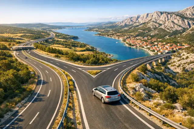 Rozwidlenie drogi z samochodem na tle malowniczego wybrzeża Chorwacji.
