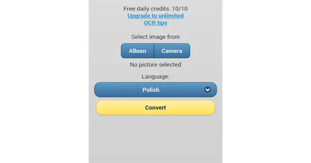 Aplikacja która przepisuje tekst ze zdjęcia. Wybierz język polski i kliknij "Convert", aby przetworzyć obraz.