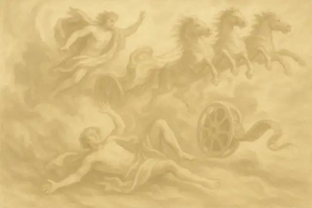 Postać w rydwanie pędzącym na koniach i upadający człowiek.