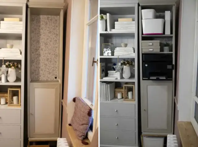 Przemiana mebla: przed - pusta wnęka z tapetą, po - regał z książkami, drukarką i dekoracjami. Malowanie mebli przed i po.