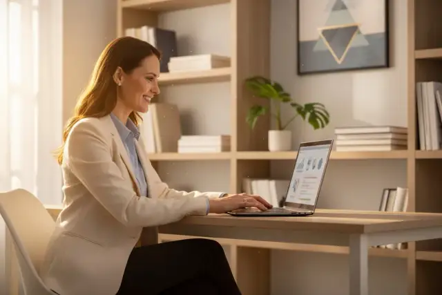 Uśmiechnięta kobieta pracuje przy laptopie, zastanawiając się, co z nauką zdalną. W tle regały z książkami i roślina.