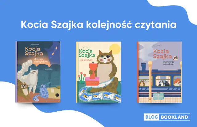 Kocia Szajka kolejność czytania: trzy okładki książek z kotami w roli głównej. Pierwsza to "Kocia Szajka i klątwa starego kina", druga "Kocia Szajka i zaginione bajki", a trzecia "Kocia Szajka i fałszerze pierników".