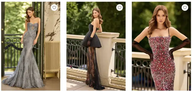 Trzy kobiety prezentują eleganckie suknie wieczorowe: szarą koronkową, czarną z tiulową spódnicą i czerwoną zdobioną kryształkami.