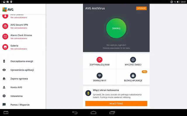 Ekran aplikacji AVG AntiVirus. Widoczne opcje: Skanuj, Zoptymalizuj RAM, Wyczyść śmieci. Brak opcji jak odinstalować AVG.