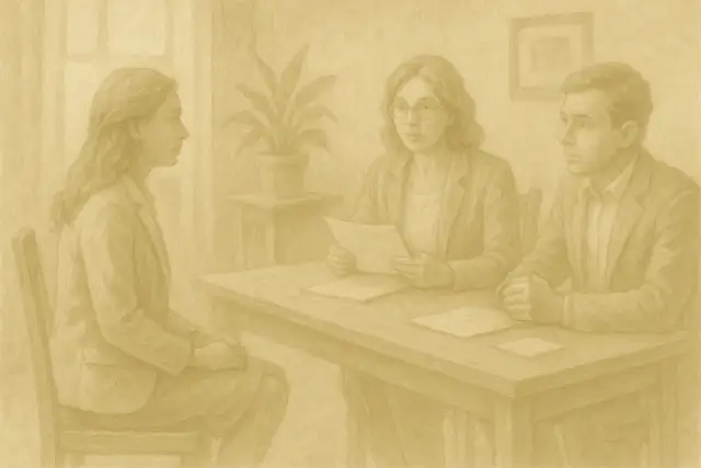 Trzy osoby siedzą przy stole, dwie z nich patrzą na trzecią, która trzyma dokumenty.