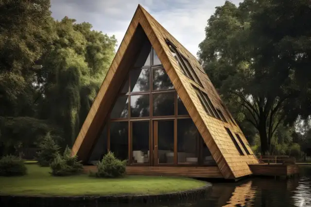 Nowoczesny dom w kształcie litery A, otoczony zielenią, z dużymi oknami. Zastanawiasz się, ile drewna na dom z bali potrzeba do budowy takiego cudu?