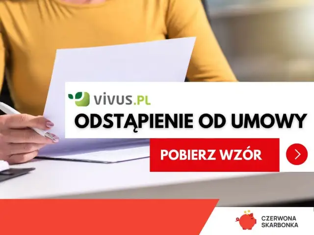 Kobieta z długopisem nad dokumentami. Na ekranie widnieje napis "vivus.pl odstąpienie od umowy" i przycisk "Pobierz wzór".