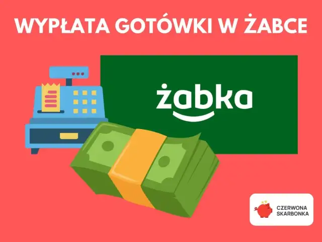 Wypłata gotówki w Żabce jest możliwa. Grafika przedstawia kasę fiskalną, banknoty i logo Żabki.