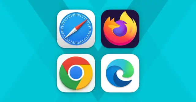 Ikony przeglądarek Safari, Firefox, Chrome i Edge na niebieskim tle.