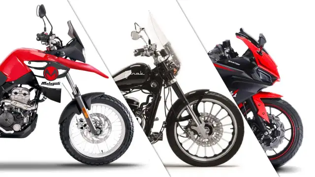Trzy motocykle: czerwony Malaguti, czarny chopper i czerwono-czarny sportowy Barton. Idealne do jazda 125 na b bez 3 lat.