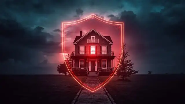 Dom pod neonową tarczą symbolizującą ubezpieczenie mieszkania od ognia i innych zdarzeń losowych. Mroczne, burzowe niebo.