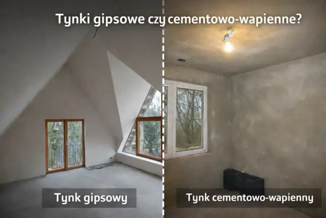 Dwa wnętrza z różnymi tynkami: po lewej tynk gipsowy, po prawej cementowo-wapienny.