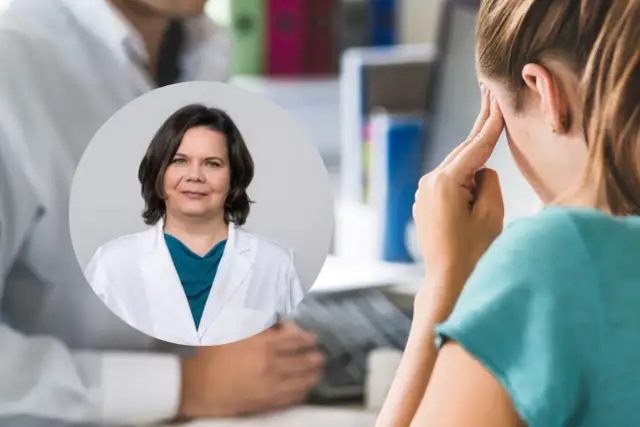 Lekarka w białym kitlu i pacjentka z bólem głowy.