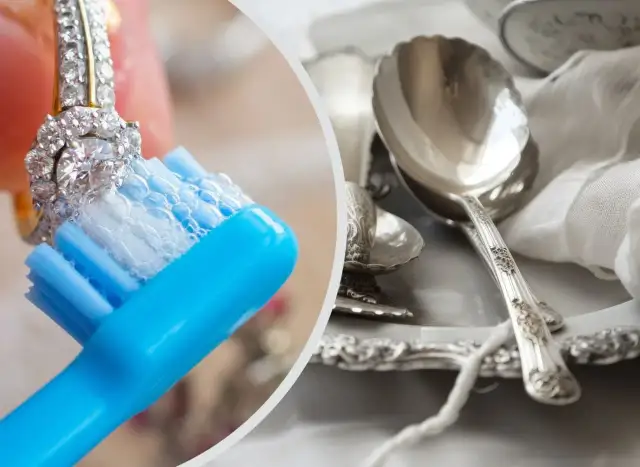 Czyszczenie biżuterii i sztućców z czarnego srebra szczoteczką z pianą.