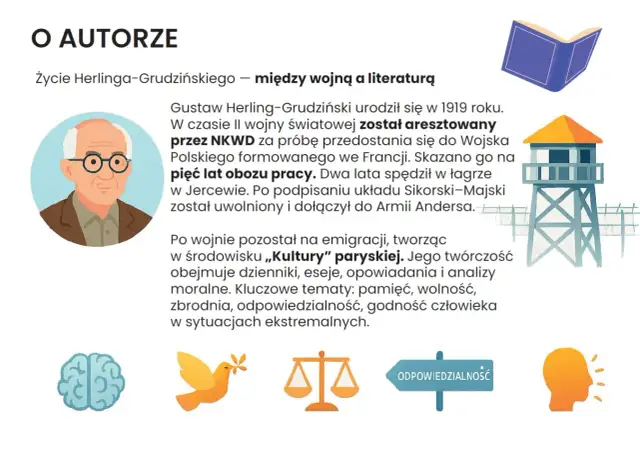 Gustaw Herling-Grudziński, autor opowiadający o innym świecie rozdziały, spędził 5 lat w łagrze. Jego twórczość to dzienniki, eseje, opowiadania.