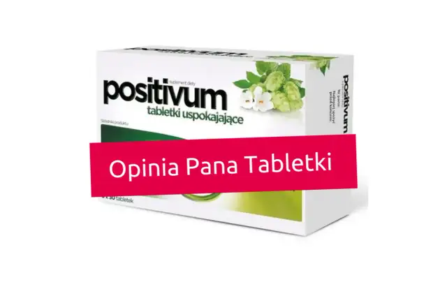 Pudełko tabletek uspokajających "positivum" z chmielem i kwiatami, z napisem "Opinia Pana Tabletki".