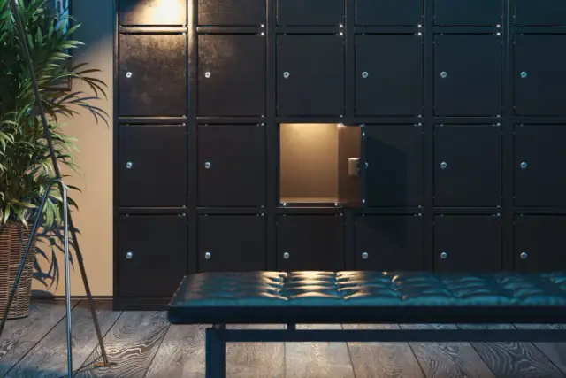 Rząd czarnych szafek, jedna otwarta, oświetlona od środka. Obok ławka i roślina. Kto to deponent?