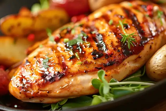 Soczysty, grillowany filet z kurczaka z ziołami i pieczonymi ziemniakami.