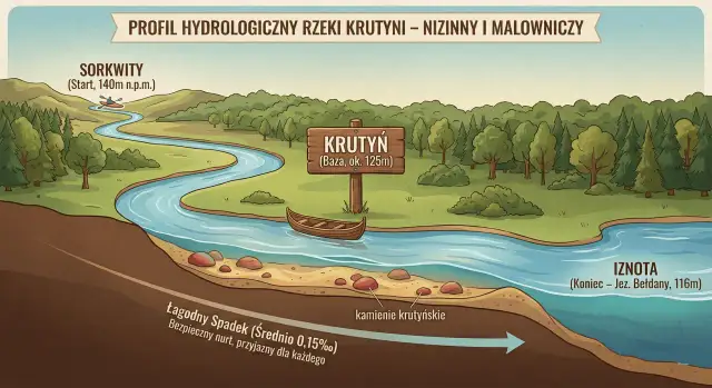 Ilustracja profilu hydrologicznego rzeki Krutyni z kajakiem, łódką i oznaczeniami tras.