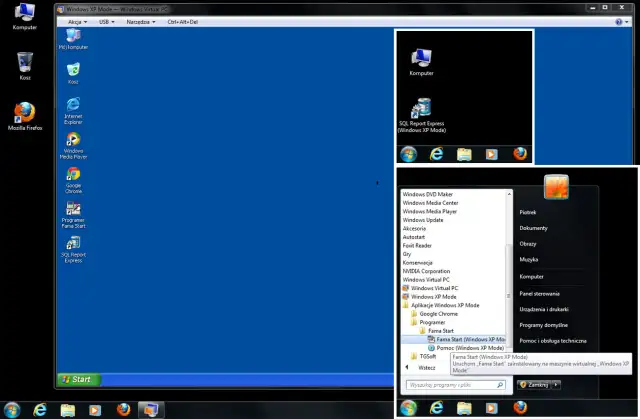 Widok pulpitu z ikonami i menu Start, uruchomiona wirtualna maszyna XP.