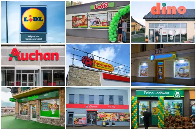 Kolaż zdjęć fasad sklepów spożywczych: Lidl, Livio, Dino, Auchan, Biedronka, Żabka, Chorten, Lewiatan, ABC.