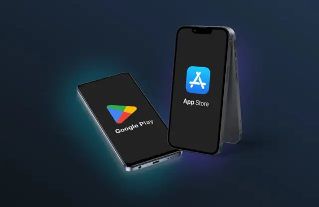 Dwa telefony z logo Google Play i App Store. Dowiedz się, jak kupić aplikacje na Google Play.