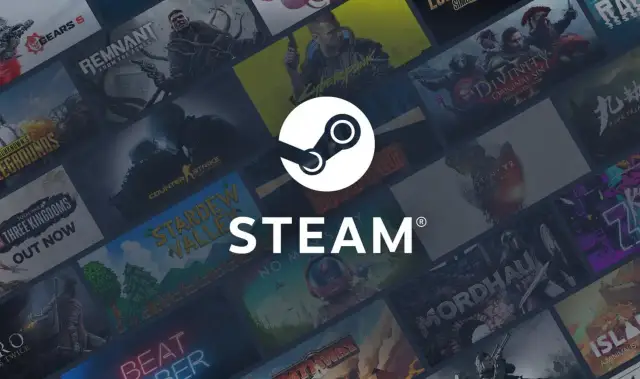 Logo Steam na tle okładek gier komputerowych.