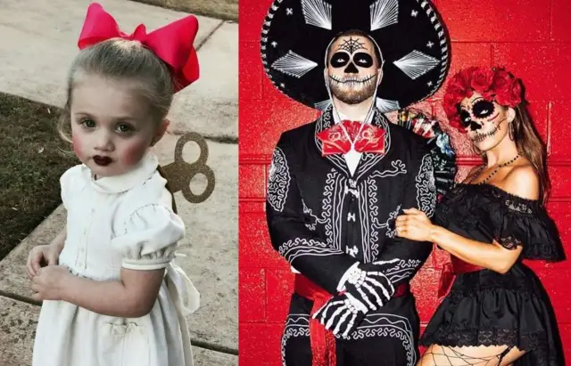 Pomysły na przebranie na Halloween: urocza dziewczynka jako nakręcana lalka i para w strojach Día de Muertos.