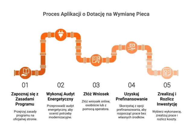 Schemat procesu aplikacji o dofinansowanie do pieca na drewno: od informacji, przez wniosek, po przyznanie środków i montaż.