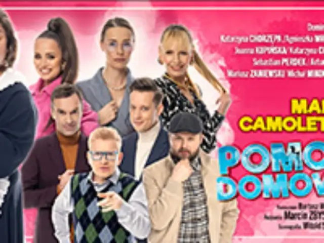Plakat teatralny z grupą aktorów w stylizowanych strojach, w centrum napis "POMOC DOMOWA".