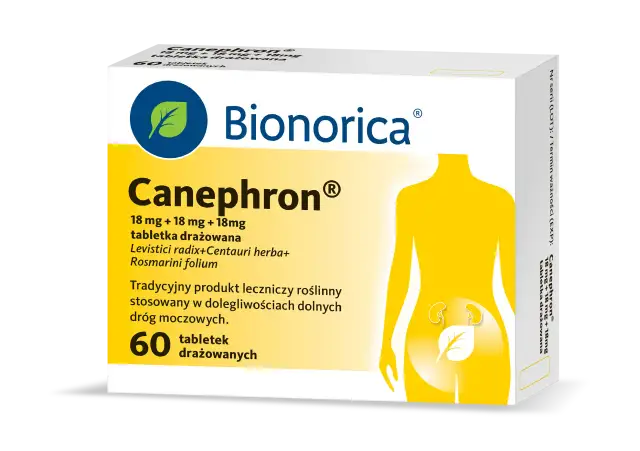 Opakowanie leku Canephron z grafiką przedstawiającą sylwetkę kobiety z nerkami i liściem.