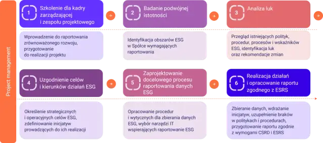 Schemat przedstawia 6 kroków zarządzania projektem ESG: od szkoleń i analizy luk po raportowanie zgodne z ESRS. Dowiedz się, esg co to jest i jak je wdrożyć.