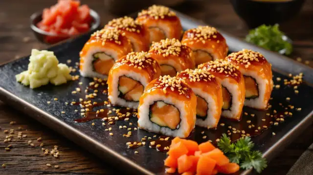 Futomaki z pieczonym łososiem, polane sosem teriyaki i posypane sezamem, prezentują się apetycznie na czarnej desce.